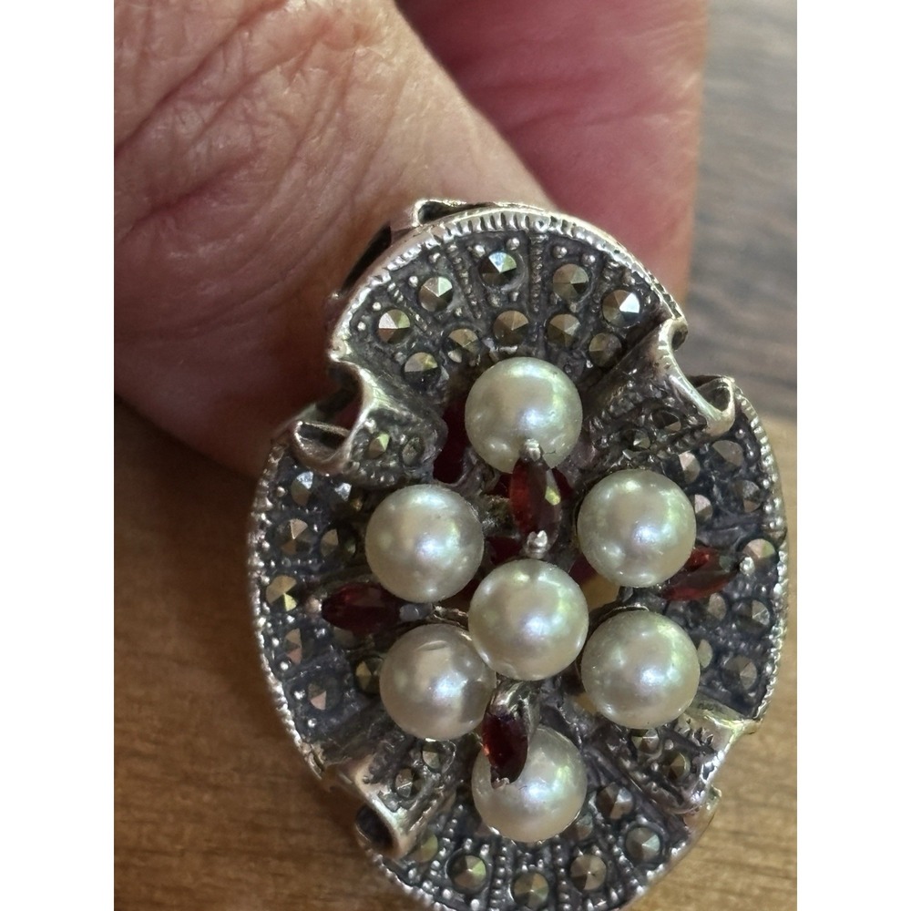 Sterling Silver Unique Ring Natural Pearl & Garnet Gemstone Size 7.25